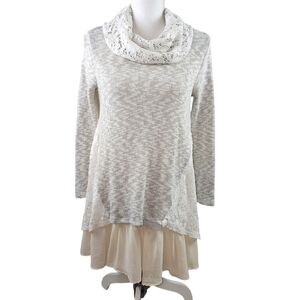 Altar'd State Mixed Media Layered Lace Cowl Neck Tunic Sweater in S